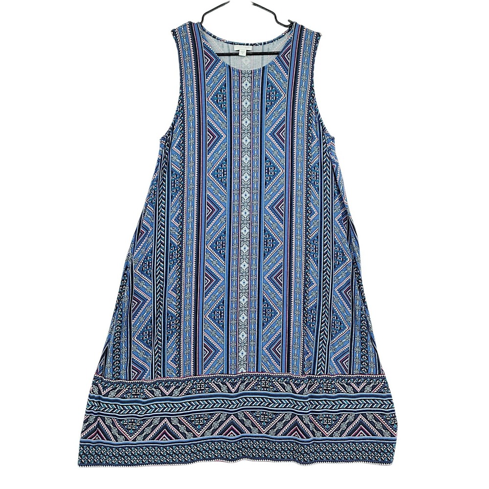 J Jill Shift Dress M Blue Geometric Tribal Southwestern Sleeveless Boho Coastal